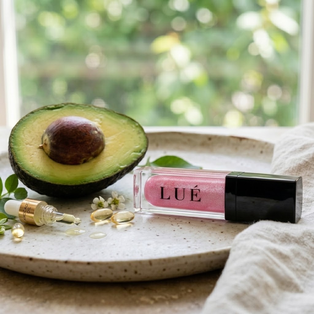 Premium Lué lip gloss tube with natural avocado oil and vitamin E ingredients for smooth lips.
