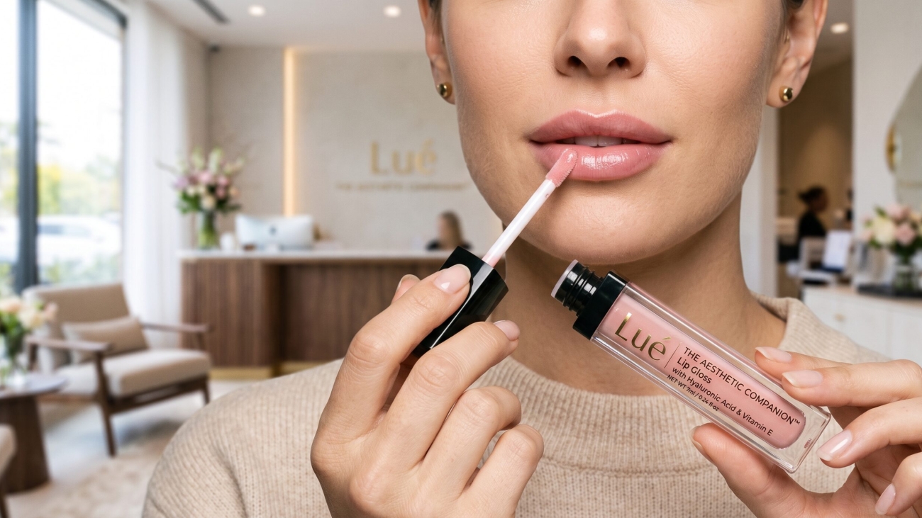 Woman applying Lué The Aesthetic Companion lip gloss after lip filler procedure in clinic